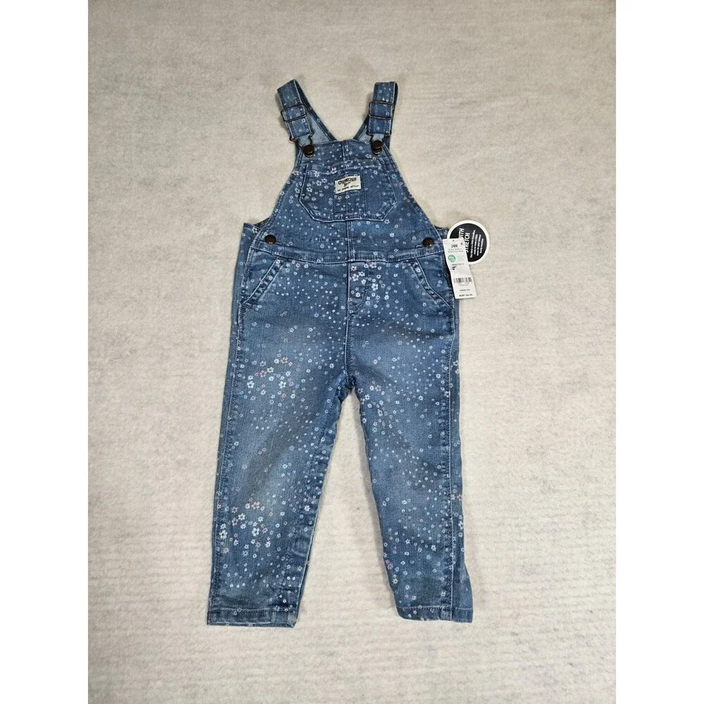 Oshkosh B’gosh Overalls Girls 24M Toddler Blue Denim Floral Print Cotton Blend